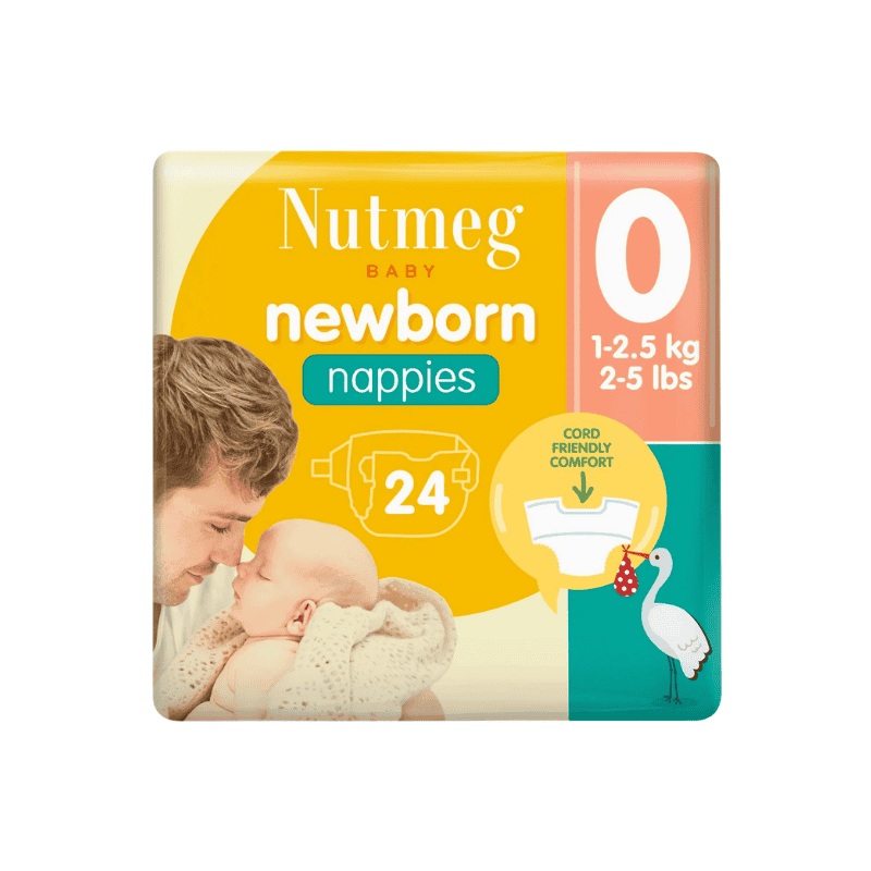 Nutmeg Newborn Premature Nappies Size 0 24 Pack front pack design