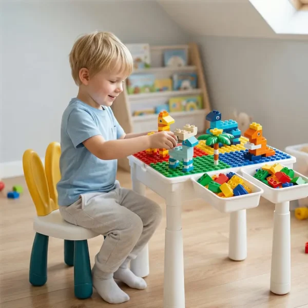 kids building table with chair and toy storage