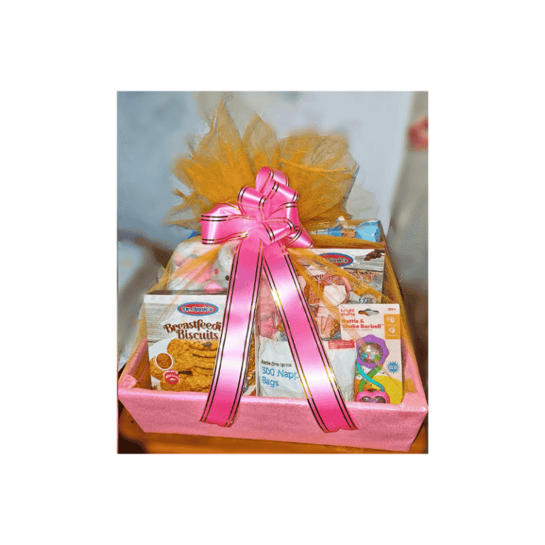 Pink Hamper basket with Baby Items 1