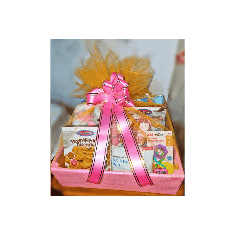 Pink Hamper basket with Baby Items 1