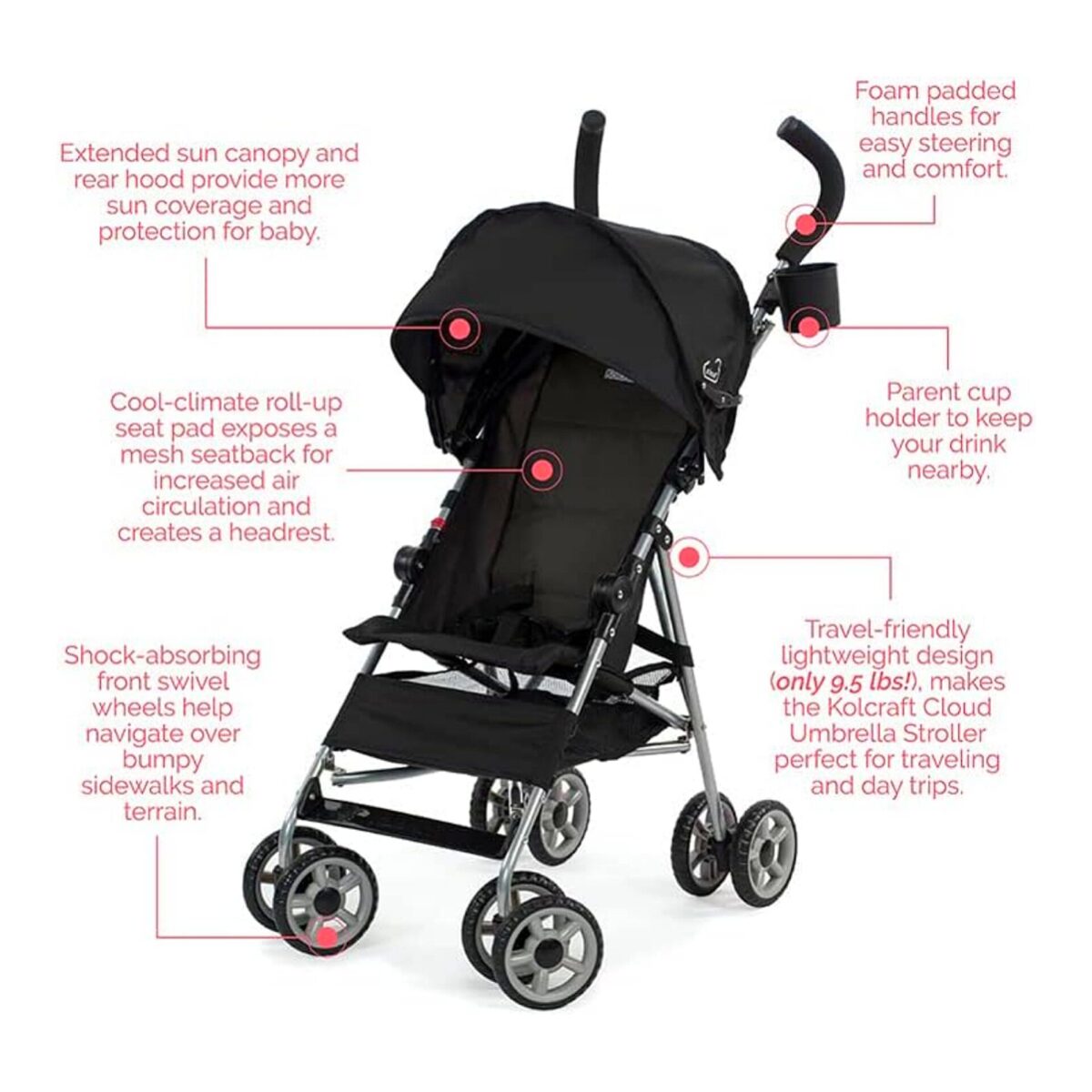 Kolcraft Cloud Umbrella Stroller Black - Diaper Yard Gh