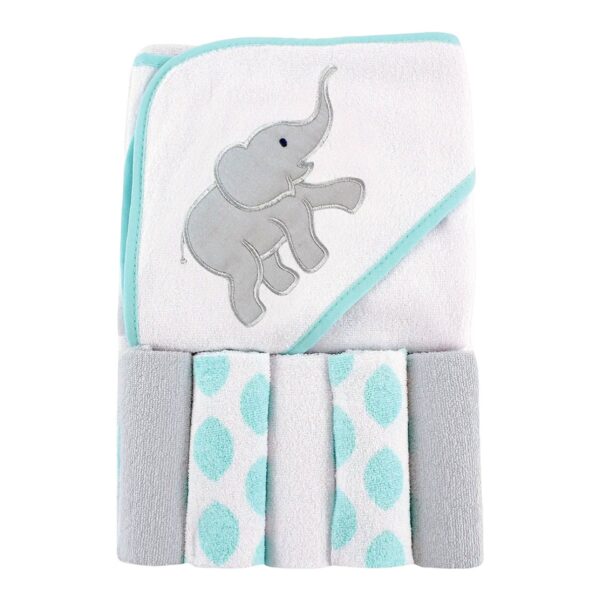 Luvable Friends Unisex Baby Hooded Towel with Five Washcloths, Ikat Elephant, One Size - Diaper Yard Gh