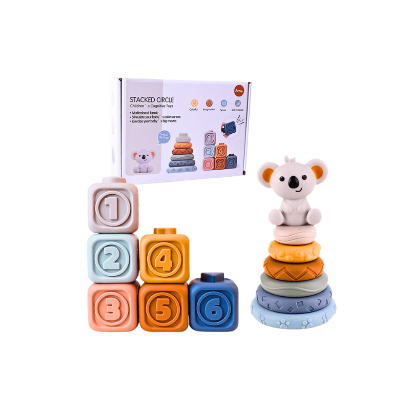 Full Baby Silicone Stacking Rings & Soft Sensory Blocks Set with packaging