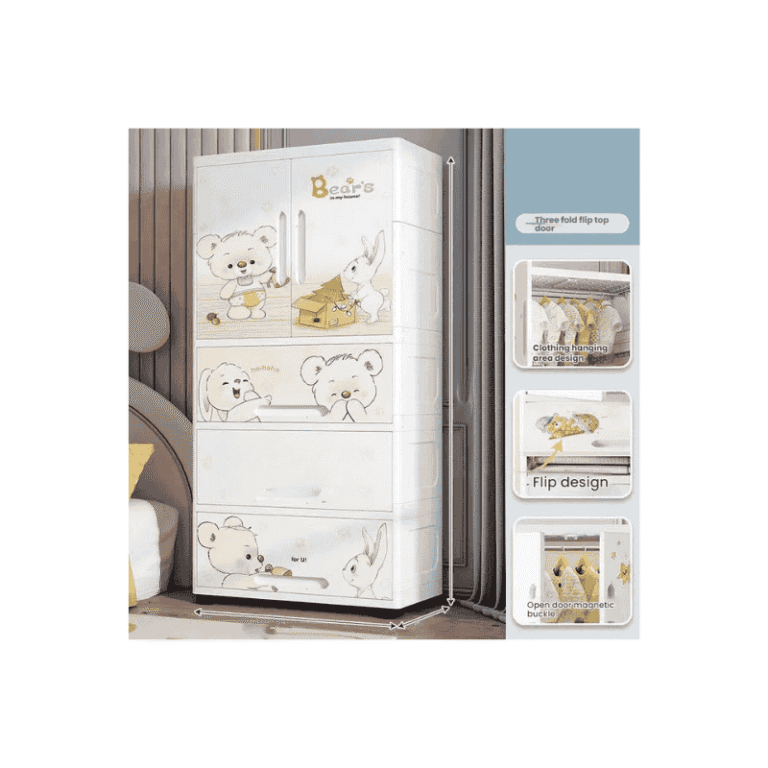 tall kids wardrobe with cartoon bear illustrations