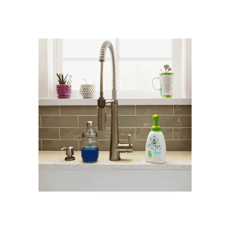 Babyganics Foaming Dish & Bottle Soap fragrance free bottle on kitchen sink