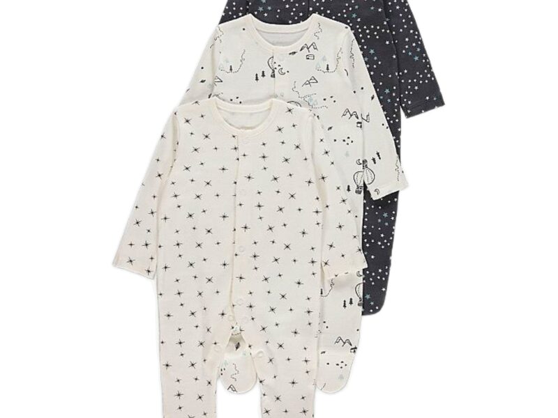 Black Star Print Long Sleeve Sleepsuits 3 Pack