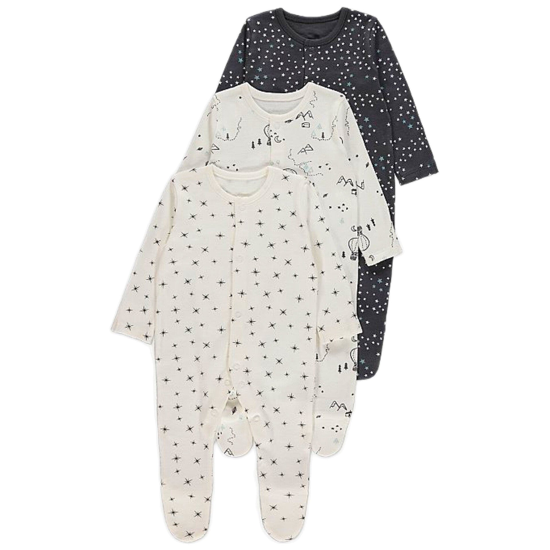 Black Star Print Long Sleeve Sleepsuits 3 Pack Black Star Print Long Sleeve Sleepsuits 3 Pack - Image 1