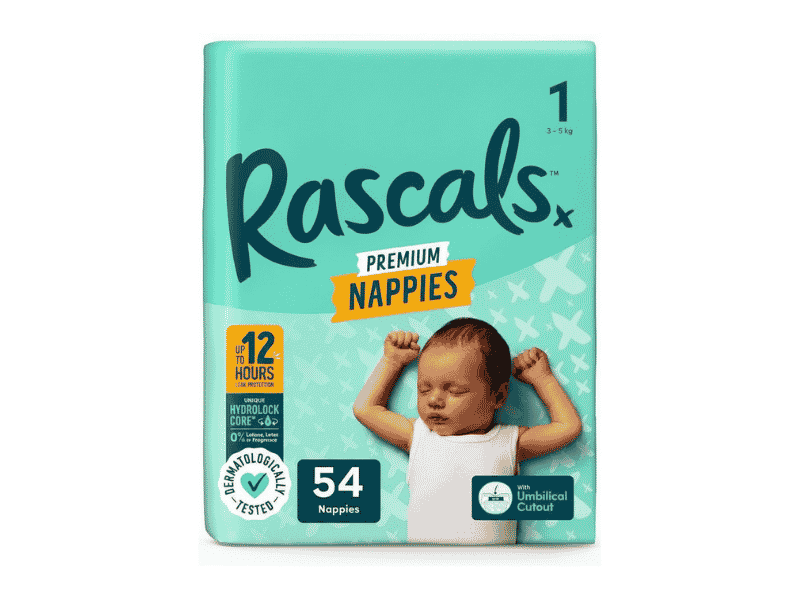 Rascals Premium Nappies Size 1 (3-5kg) - 54 Nappies